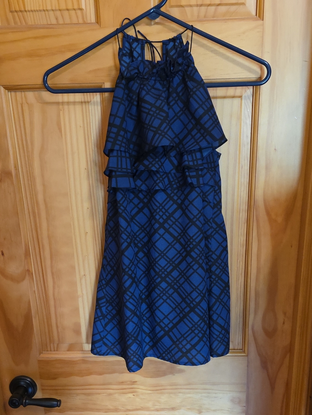 Banana Republic Medium Blue Black Plaid Halter Blouse W/ Ruffle